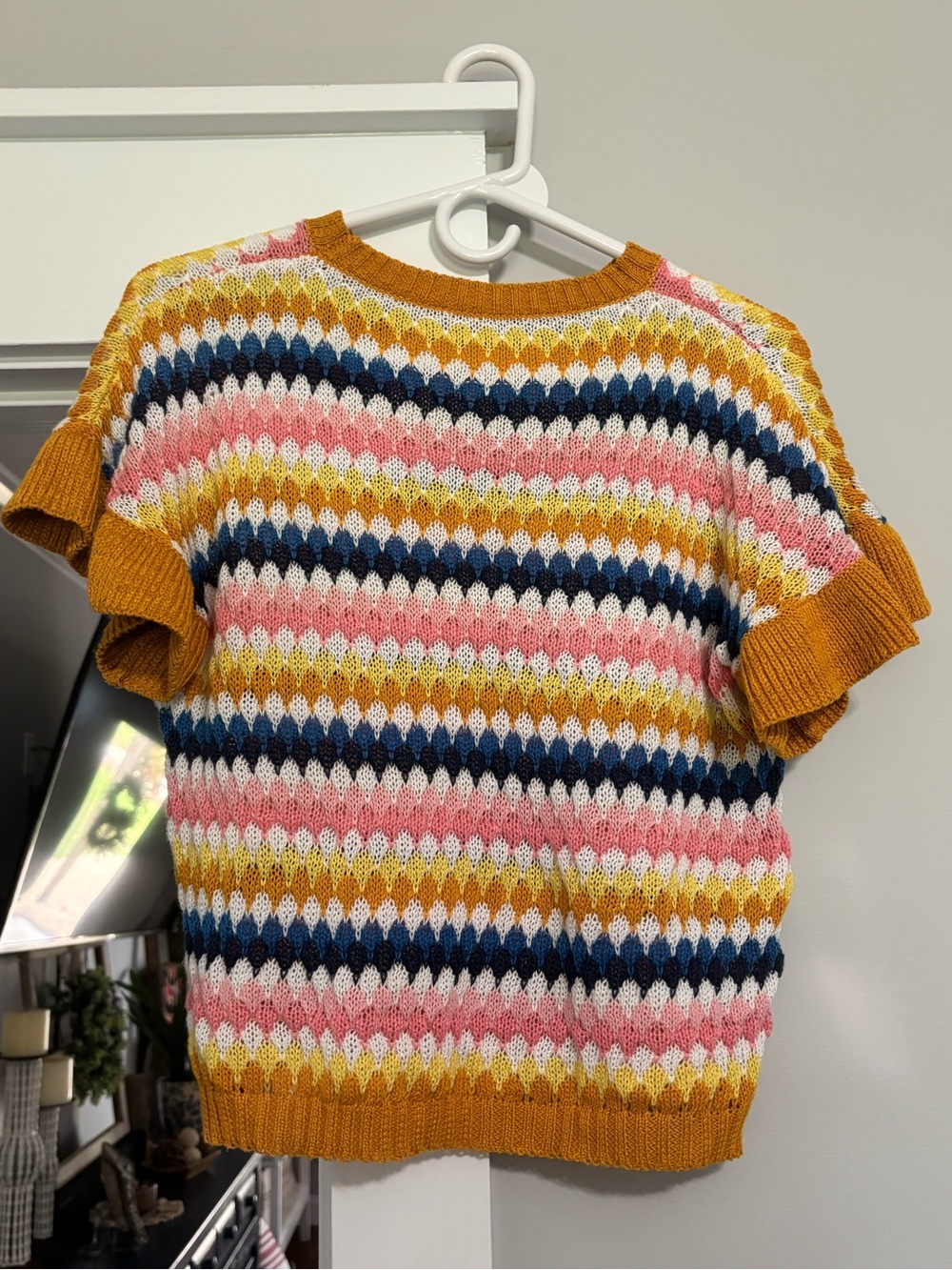 SHEIN Short-Sleeve Striped Knit Sweater in Mustard, Pink, Navy & Cream